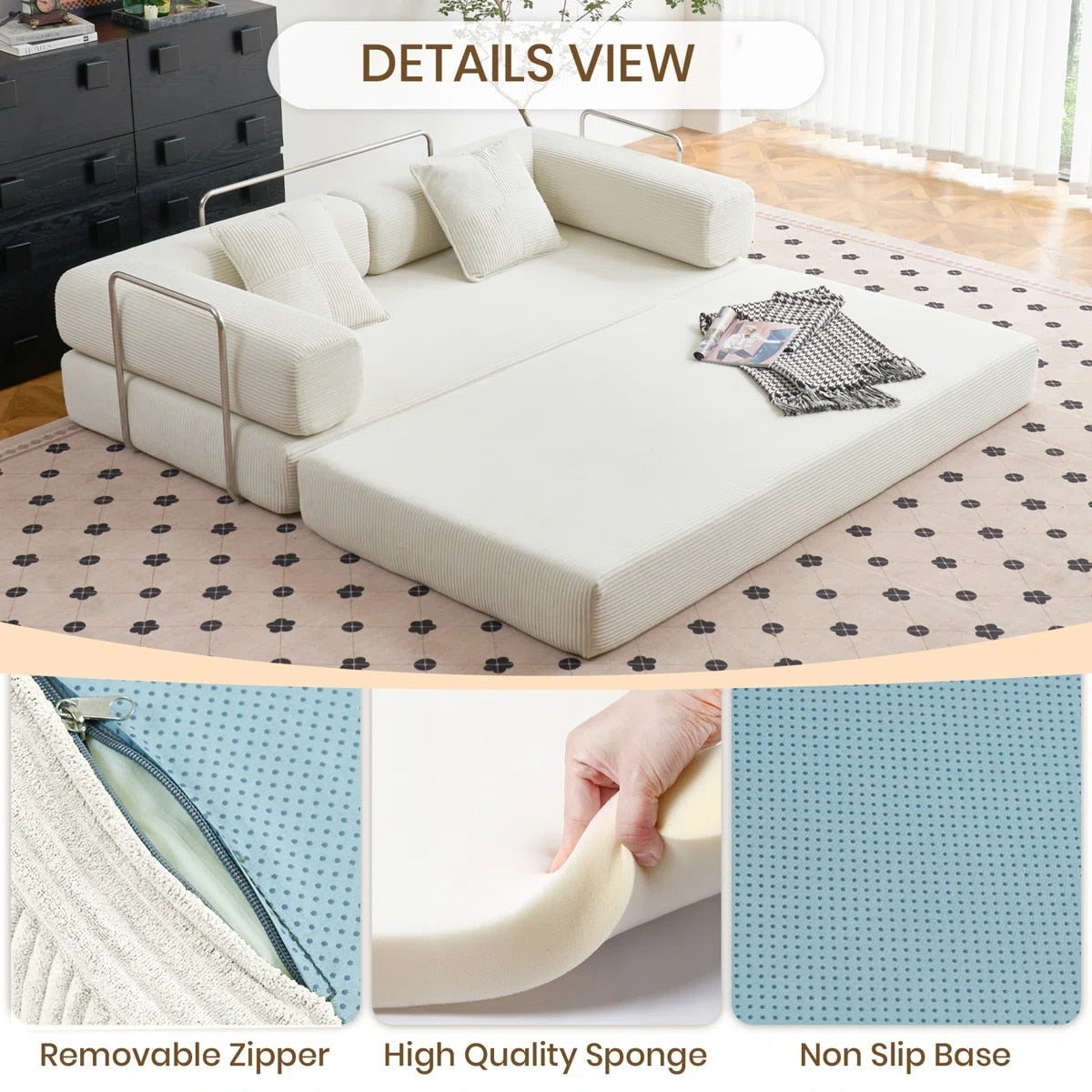 Canapé-lit convertible de 78,8 cm avec coussin et accoudoirs