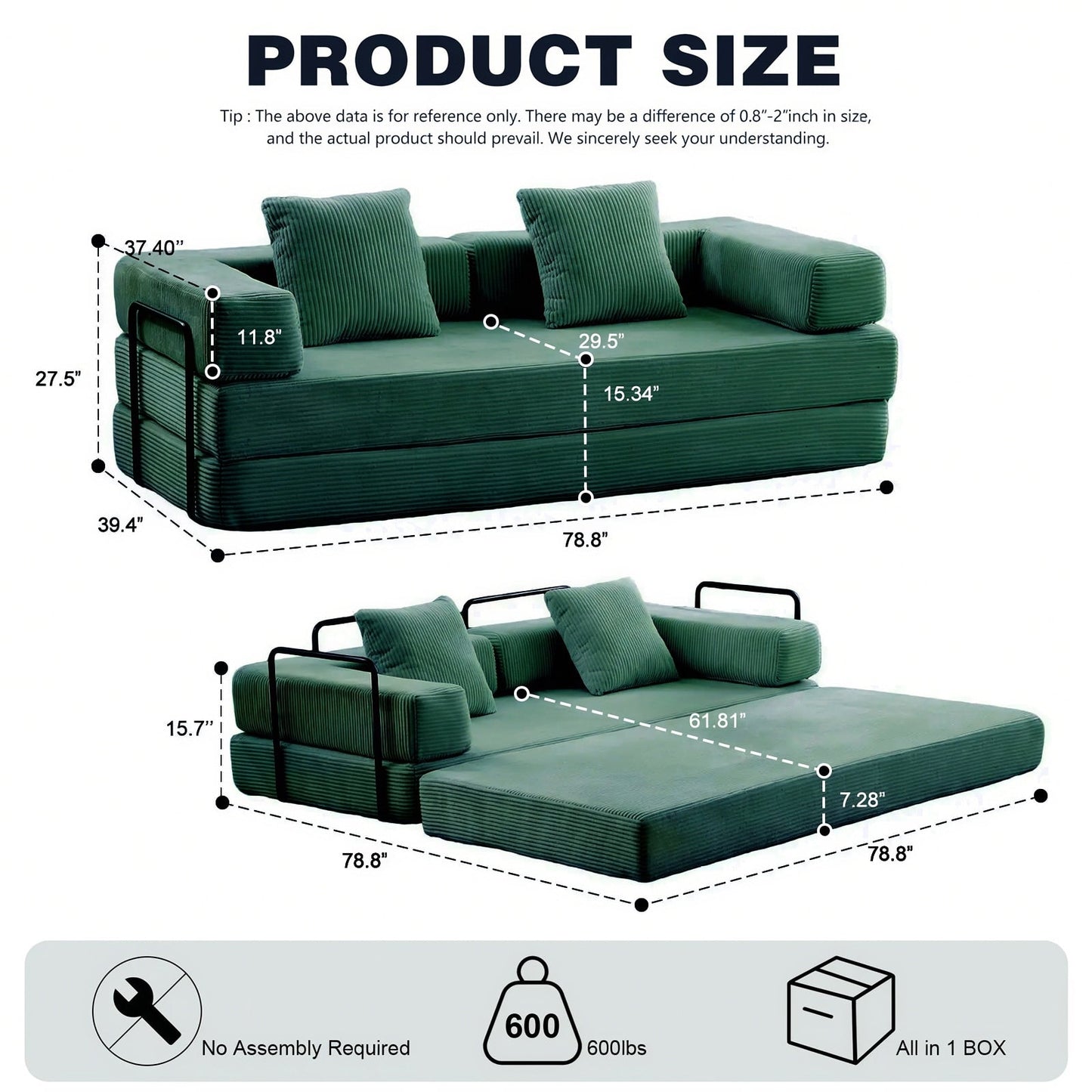Canapé-lit convertible de 78,8 cm avec coussin et accoudoirs