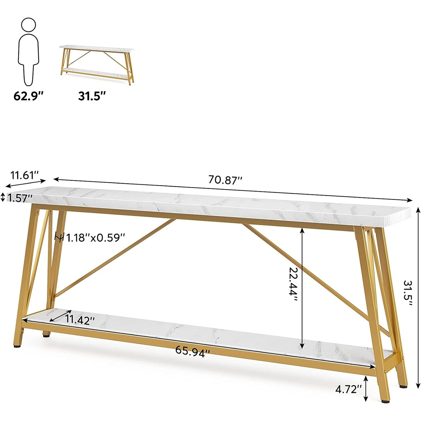 Table console d'entrée industrielle extra-longue de 70,9 pouces