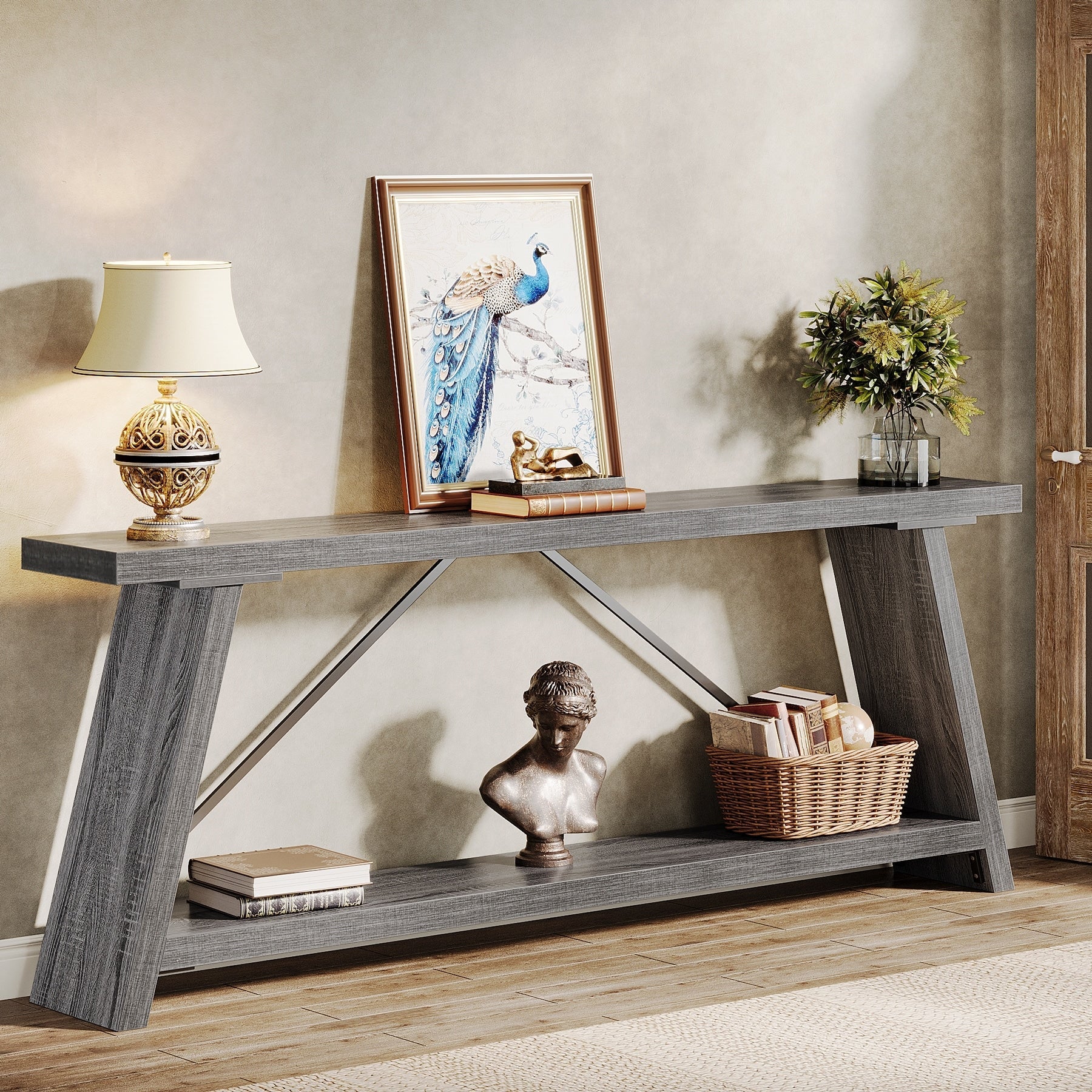 Table console en bois rustique de 70,9 pouces de long avec étagère de rangement