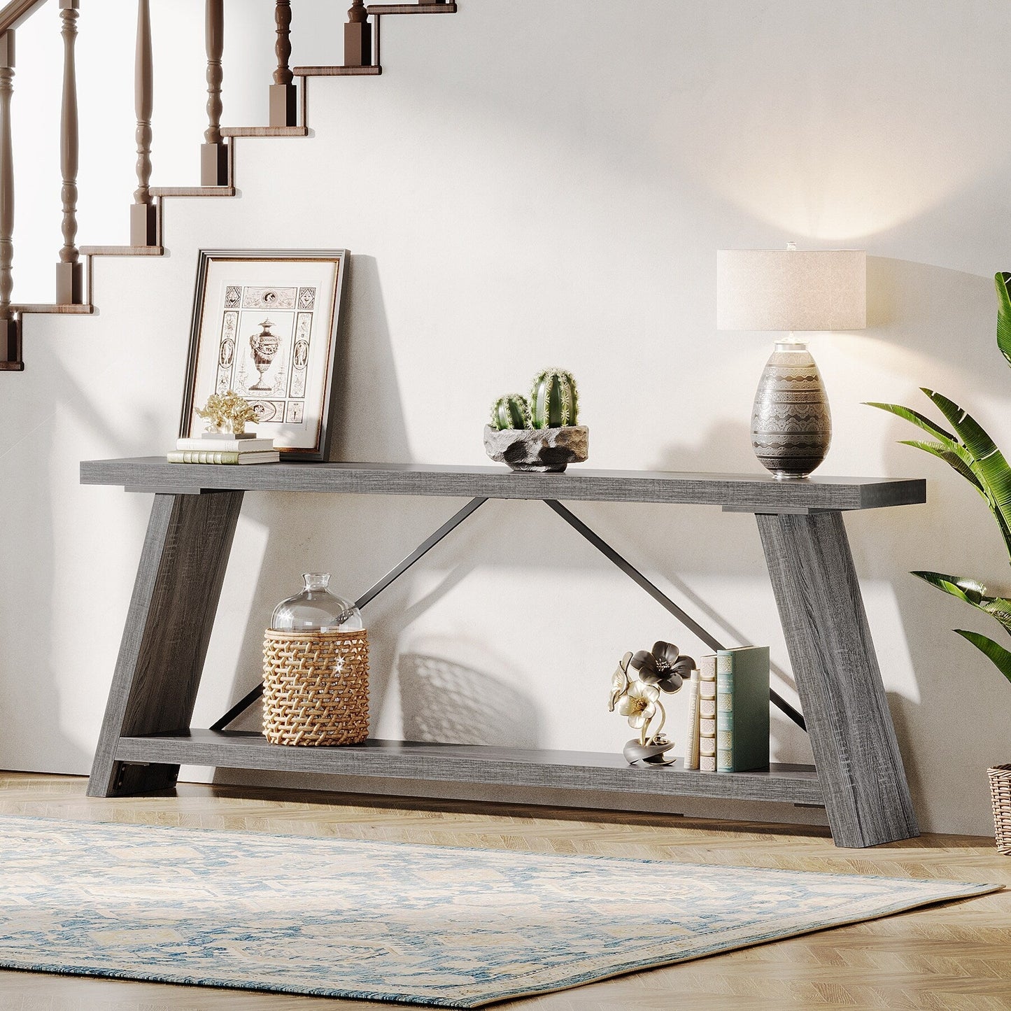 Table console en bois rustique de 70,9 pouces de long avec étagère de rangement