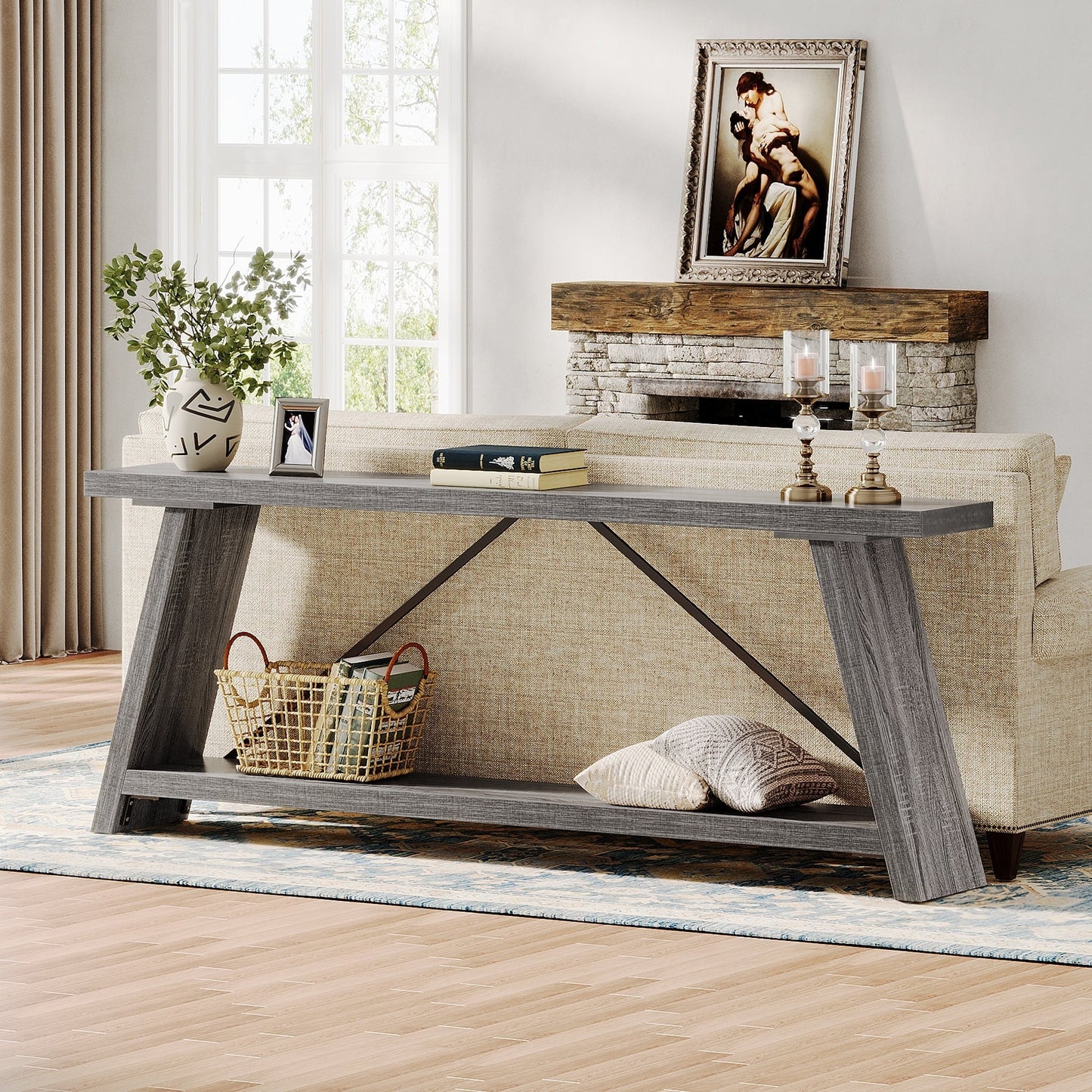 Table console en bois rustique de 70,9 pouces de long avec étagère de rangement