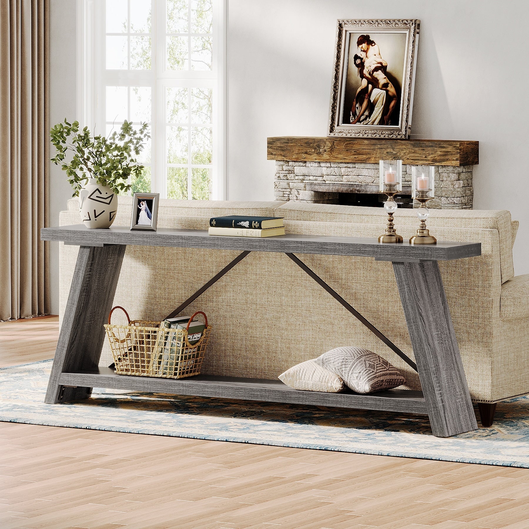 Table console en bois rustique de 70,9 pouces de long avec étagère de rangement