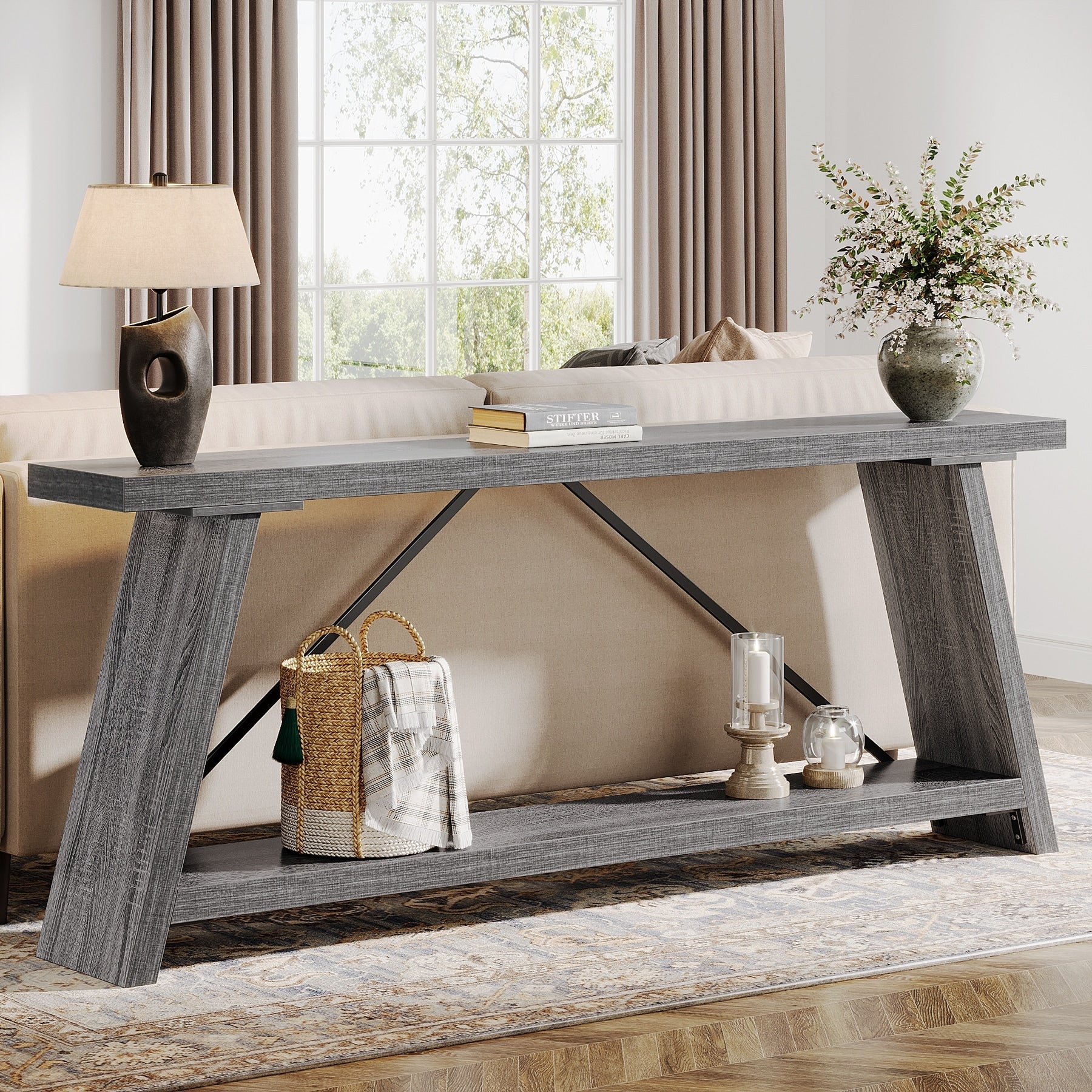 Table console en bois rustique de 70,9 pouces de long avec étagère de rangement