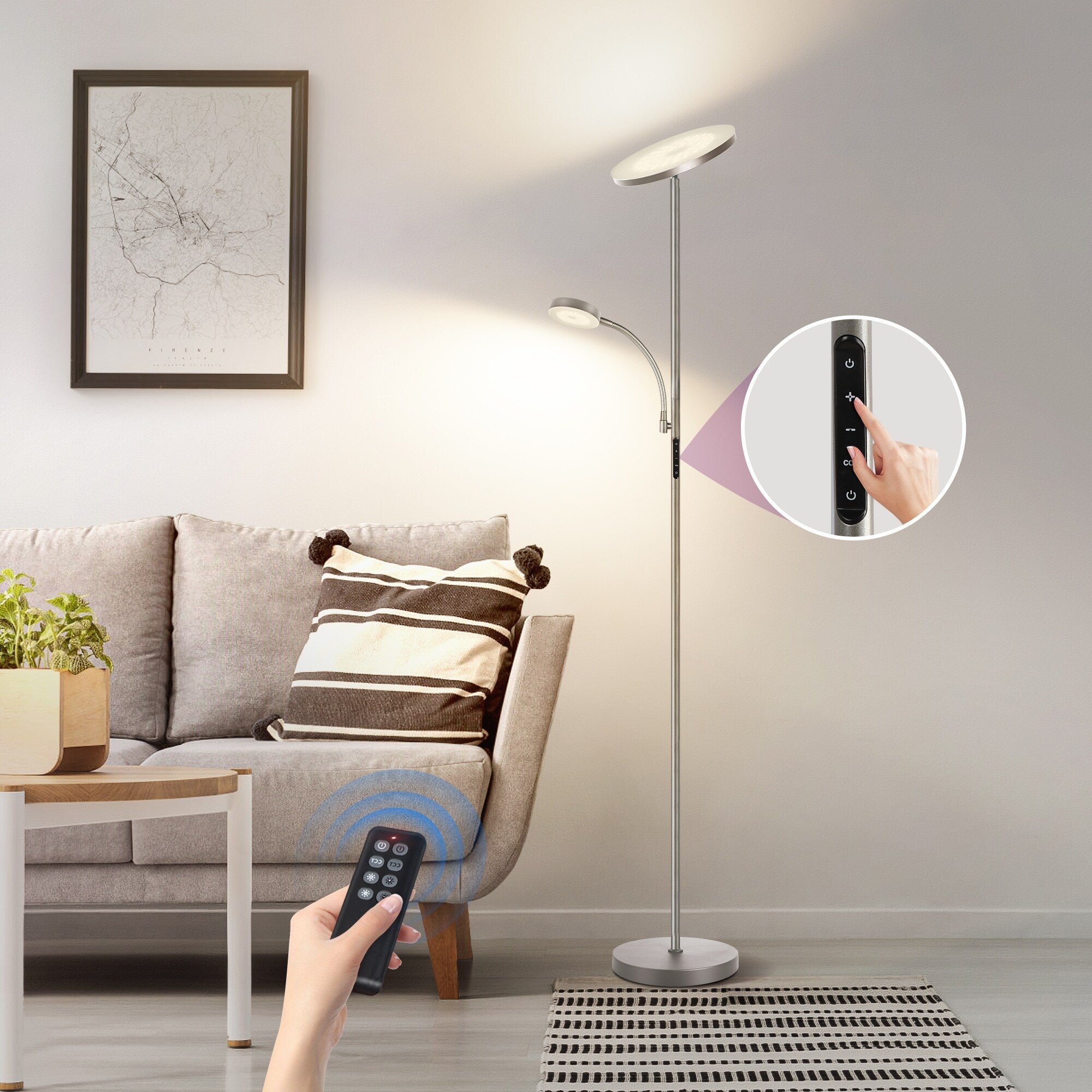 Lampadaire torche à 70 LED avec commande tactile et télécommande - N/A