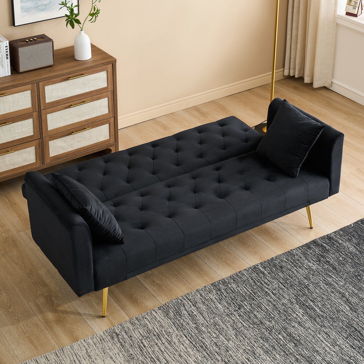 Canapé double pliable de 71 pouces, de style rétro américain, en velours noir