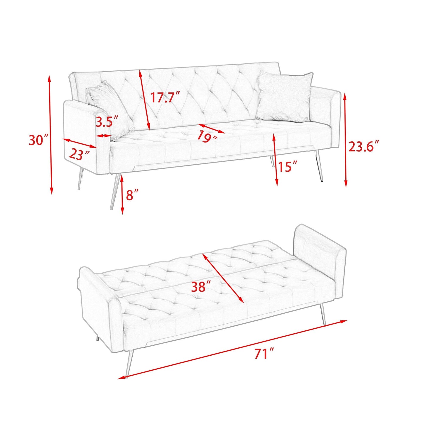 Canapé double pliable de 71 pouces, de style rétro américain, en velours noir