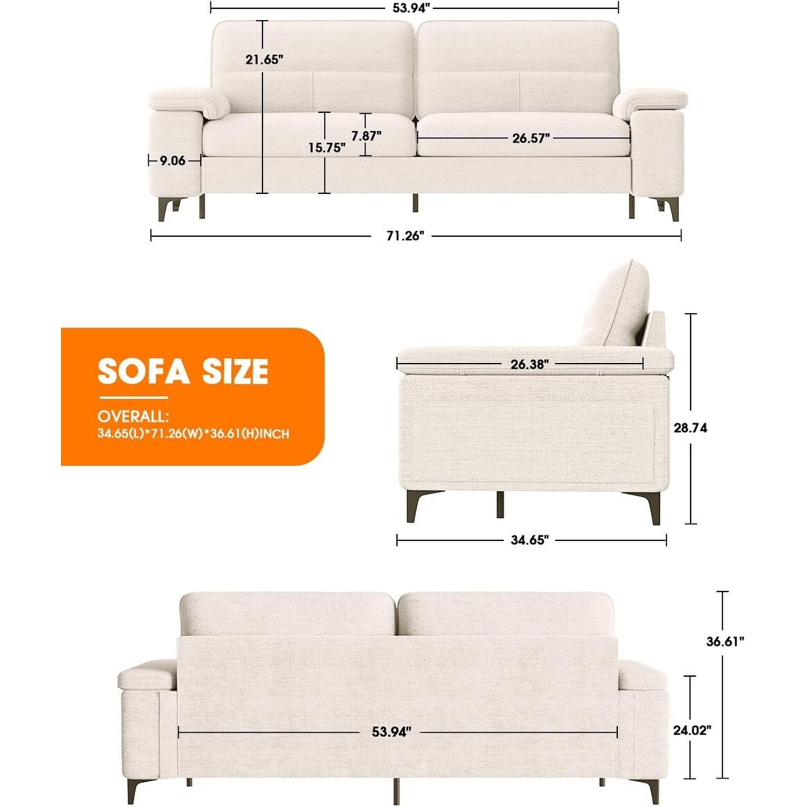 Canapé 2 places en chenille 71,25 po – Assise profonde avec coussins 8 places, accoudoirs convertibles et housse amovible