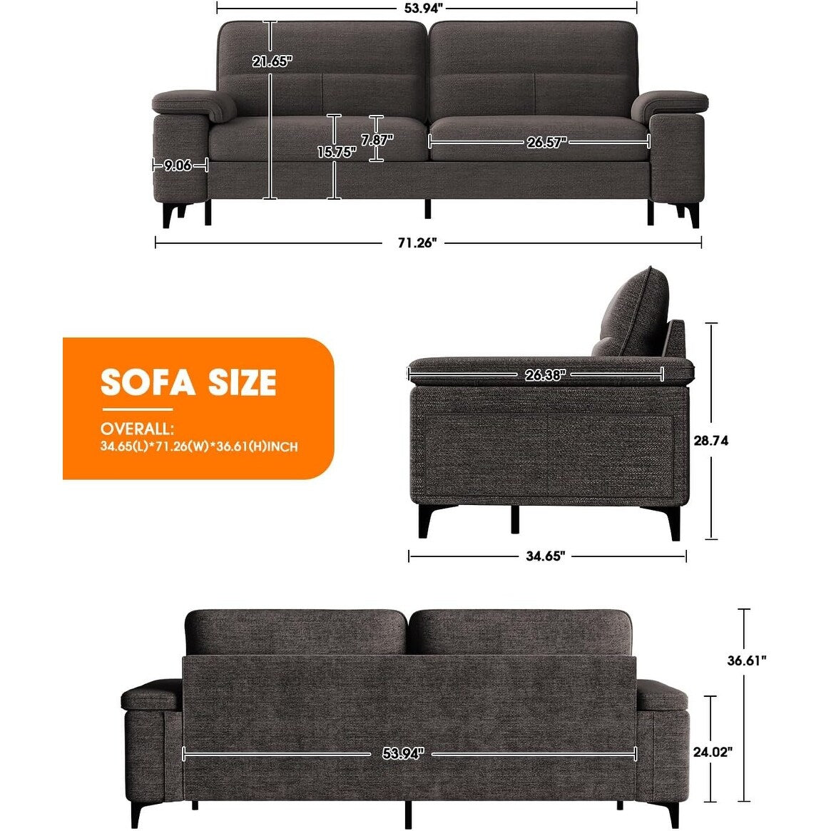 Canapé 2 places en chenille 71,25 po – Assise profonde avec coussins 8 places, accoudoirs convertibles et housse amovible