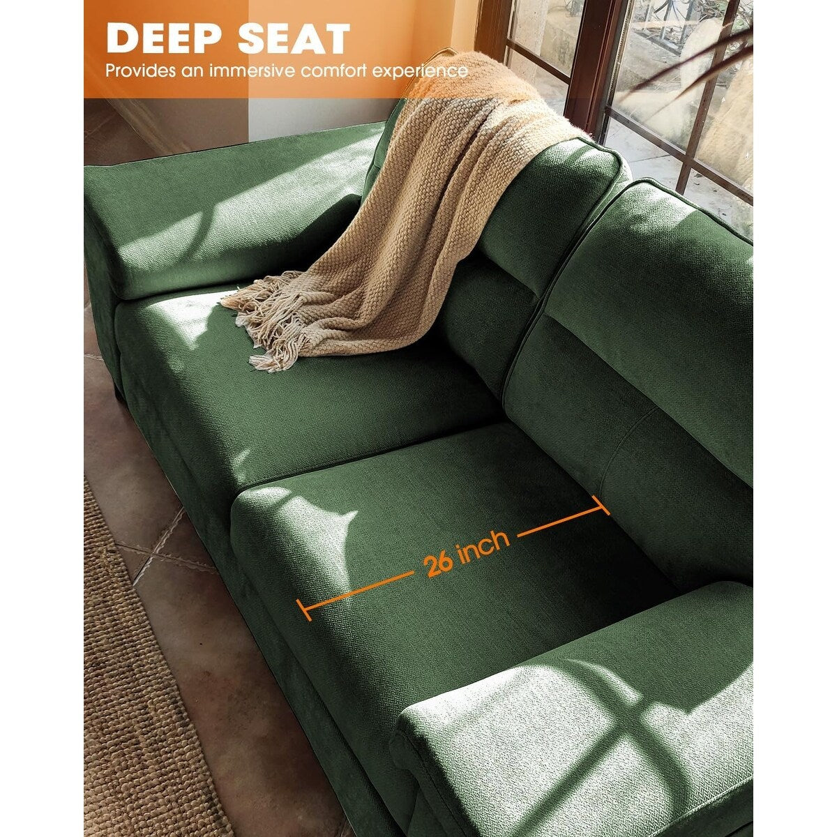 Canapé 2 places en chenille 71,25 po – Assise profonde avec coussins 8 places, accoudoirs convertibles et housse amovible