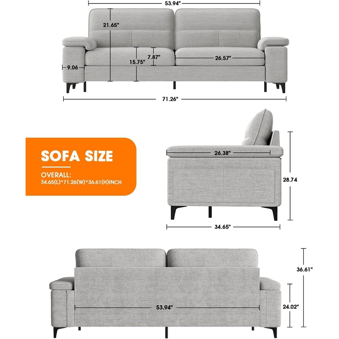 Canapé 2 places en chenille 71,25 po – Assise profonde avec coussins 8 places, accoudoirs convertibles et housse amovible