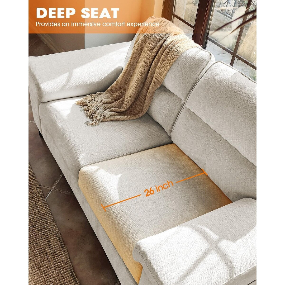 Canapé 2 places en chenille 71,25 po – Assise profonde avec coussins 8 places, accoudoirs convertibles et housse amovible
