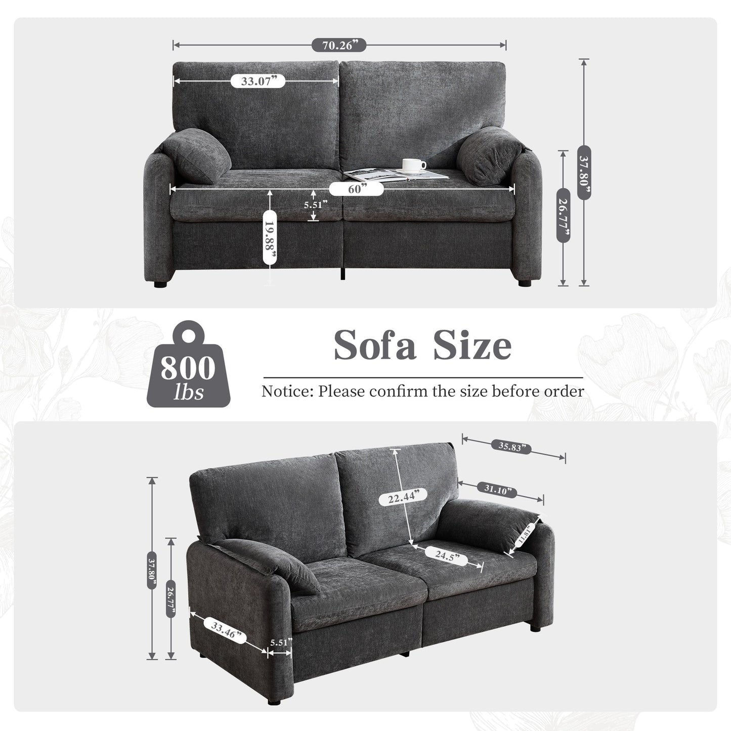 Canapé 2 places en chenille 71,28 po, confort nuageux avec éponge haute résilience, design minimaliste moderne