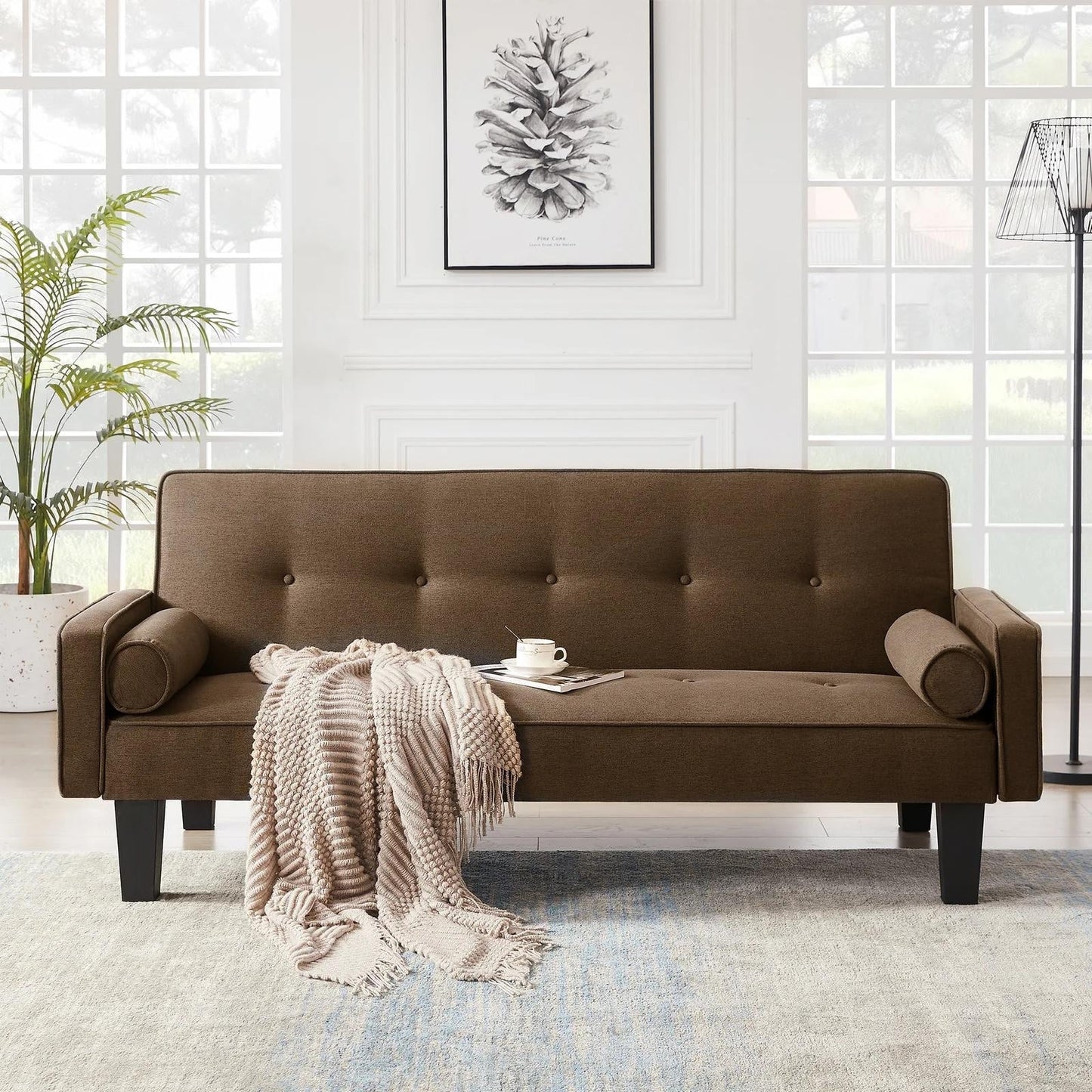 Canapé-lit convertible moderne en tissu de lin avec accoudoirs amovibles