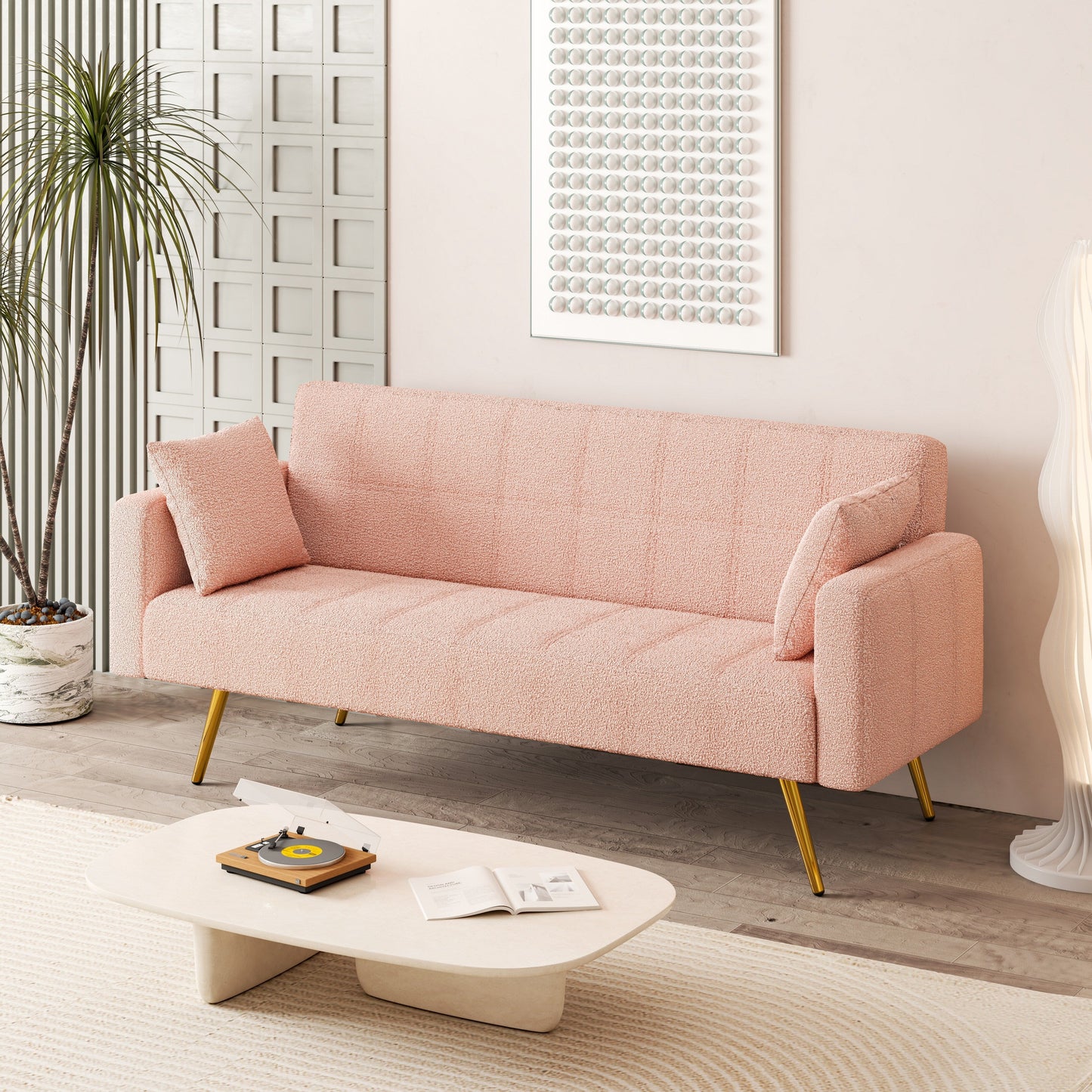 Canapé-lit en polaire rose avec deux coussins décoratifs – 31,10 x 71,70 x 31,89
