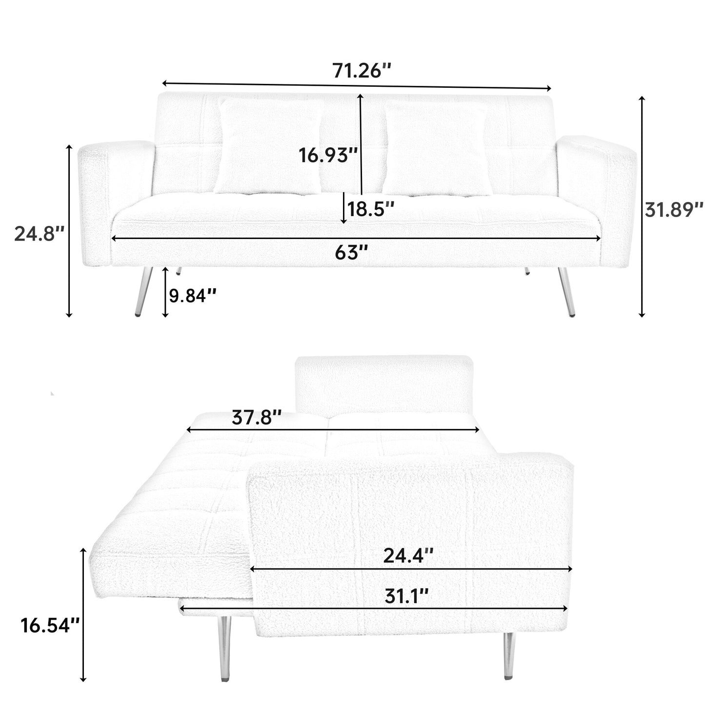 Canapé-lit en polaire rose avec deux coussins décoratifs – 31,10 x 71,70 x 31,89
