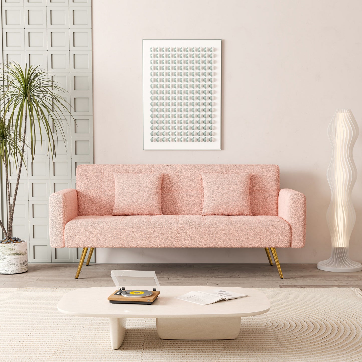 Canapé-lit en polaire rose avec deux coussins décoratifs – 31,10 x 71,70 x 31,89