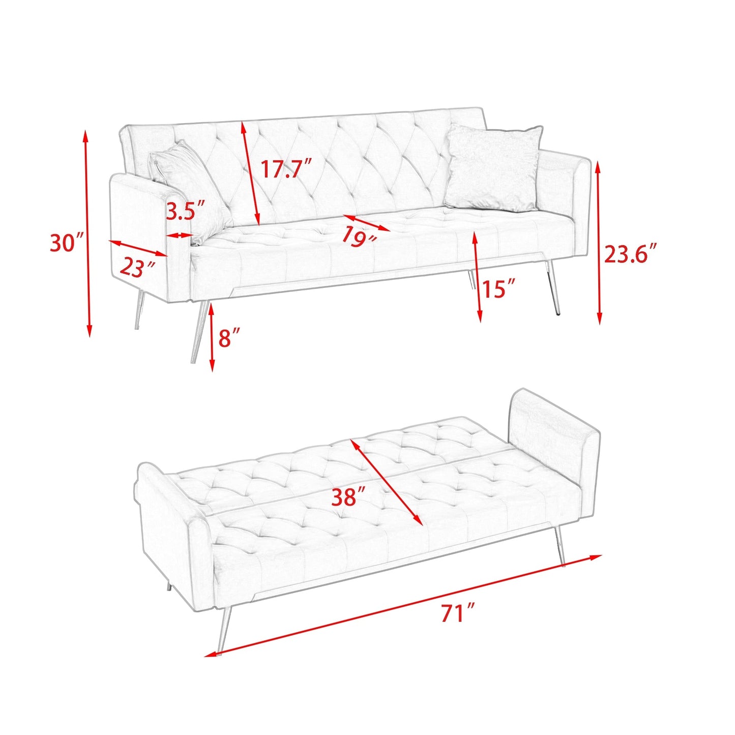 Canapé-lit double convertible rembourré - 19,00 x 71,00 x 30,00