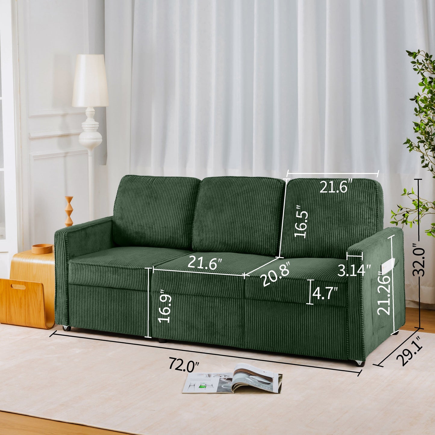 Canapé 3 places en velours côtelé 72,64 avec coussins en éponge haute densité et à ressorts