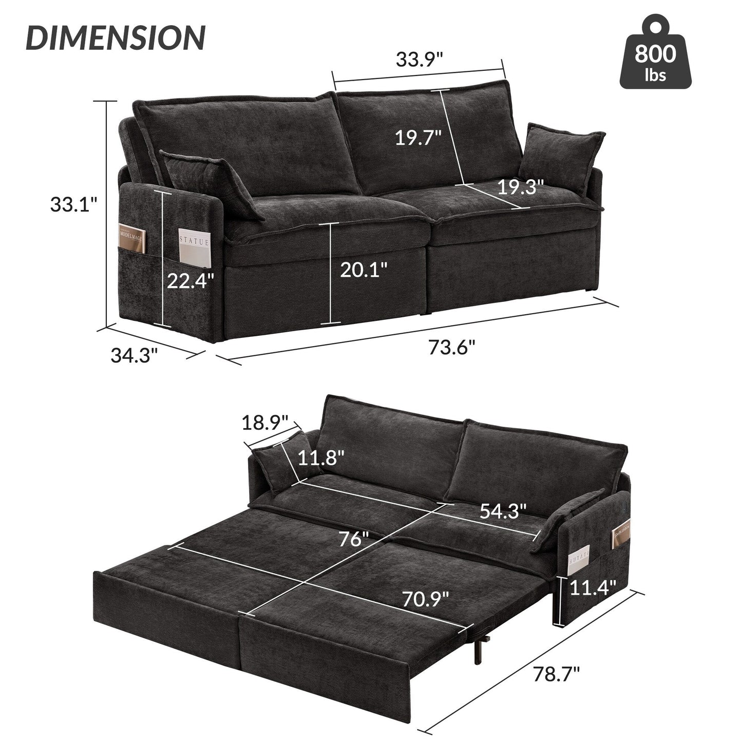 Canapé-lit convertible 3 en 1 en velours côtelé de 73,6 po avec lit gigogne, ports de chargement USB et rangement latéral