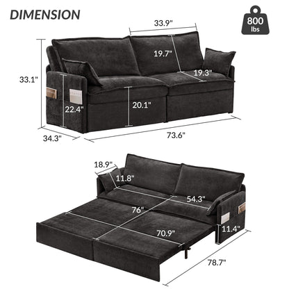 Canapé-lit convertible 3 en 1 en velours côtelé de 73,6 po avec lit gigogne, ports de chargement USB et rangement latéral