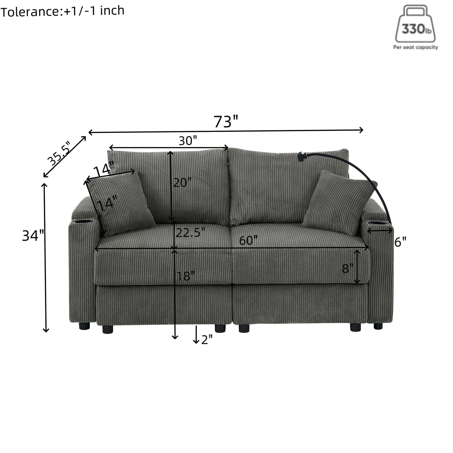 Canapé 2 places moderne en velours côtelé, assise profonde, avec porte-gobelets et support pour téléphone