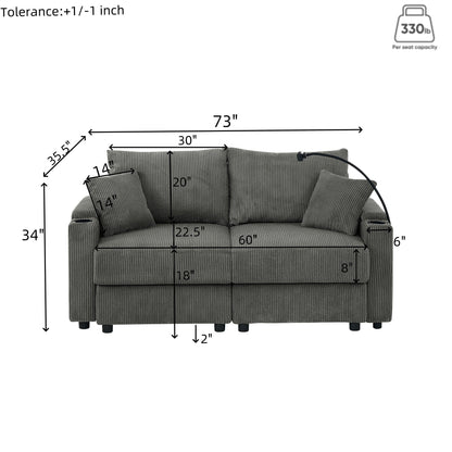 Canapé 2 places moderne en velours côtelé, assise profonde, avec porte-gobelets et support pour téléphone