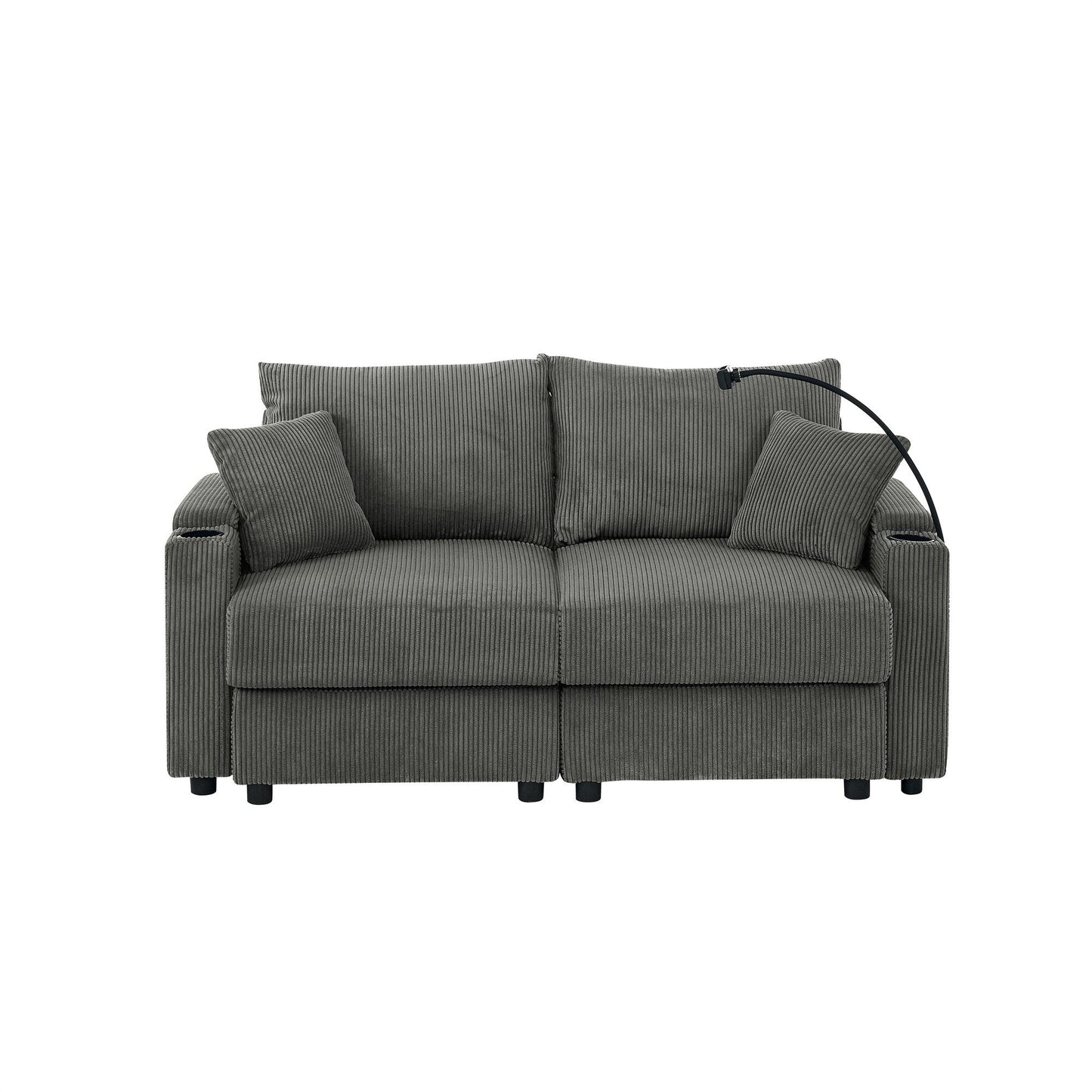 Canapé 2 places moderne en velours côtelé, assise profonde, avec porte-gobelets et support pour téléphone
