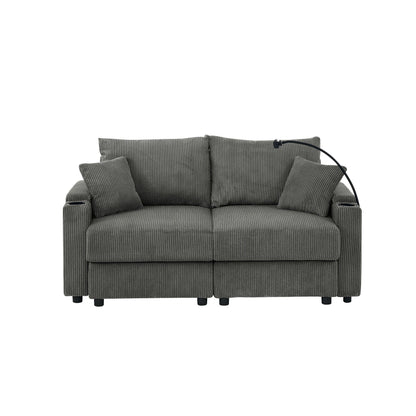 Canapé 2 places moderne en velours côtelé, assise profonde, avec porte-gobelets et support pour téléphone