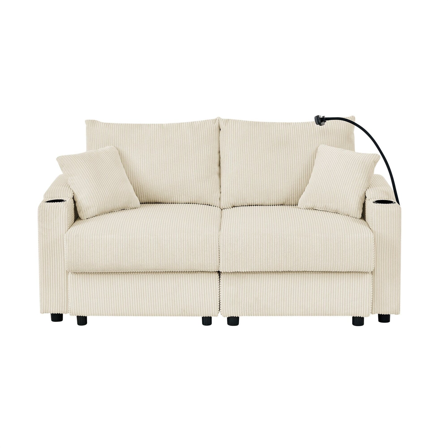 Canapé 2 places moderne en velours côtelé, assise profonde, avec porte-gobelets et support pour téléphone