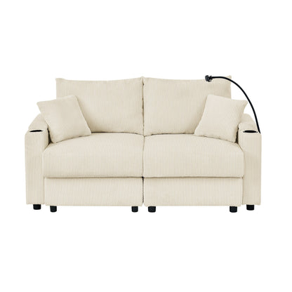 Canapé 2 places moderne en velours côtelé, assise profonde, avec porte-gobelets et support pour téléphone