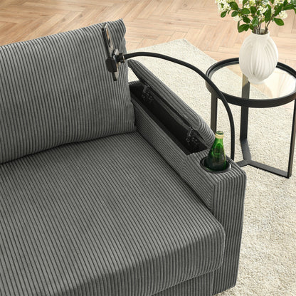 Canapé 2 places moderne en velours côtelé, assise profonde, avec porte-gobelets et support pour téléphone