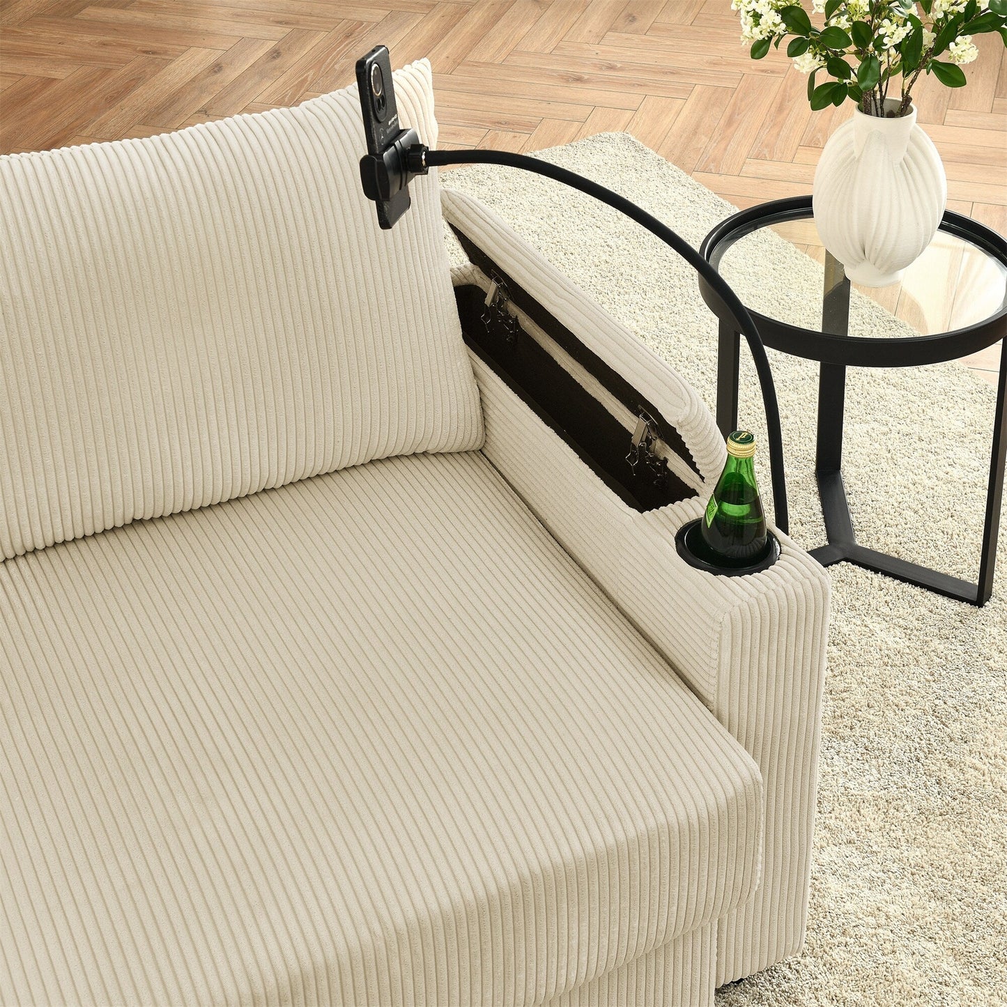 Canapé 2 places moderne en velours côtelé, assise profonde, avec porte-gobelets et support pour téléphone