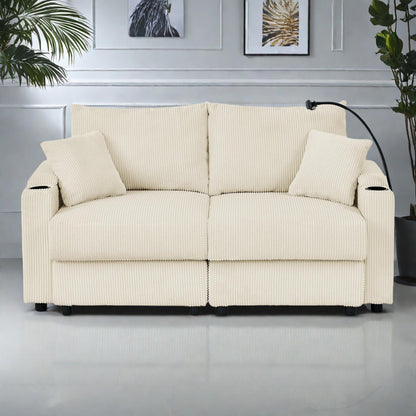 Canapé 2 places moderne en velours côtelé, assise profonde, avec porte-gobelets et support pour téléphone