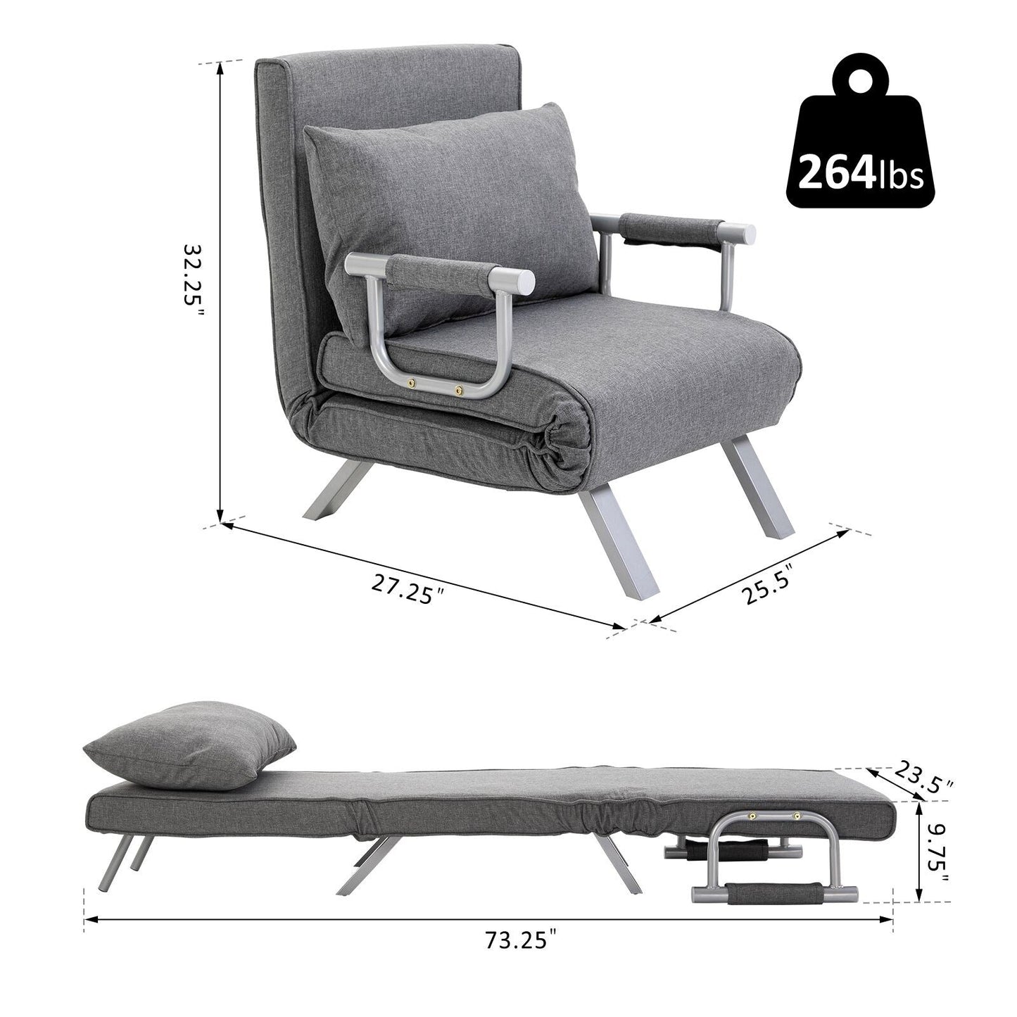 Canapé-lit convertible 73 places pliable 5 positions avec oreiller et cadre en acier pour le bureau à domicile