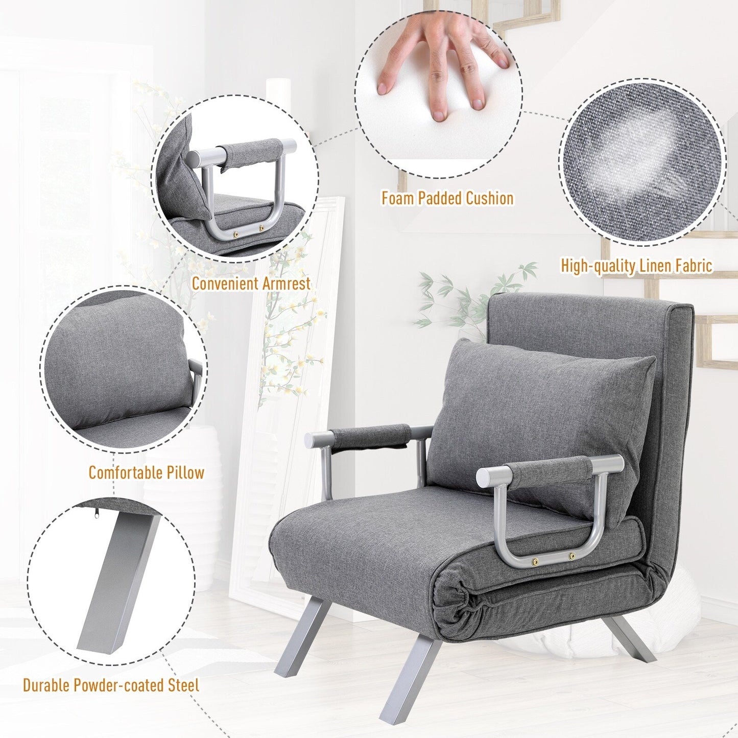 Canapé-lit convertible 73 places pliable 5 positions avec oreiller et cadre en acier pour le bureau à domicile