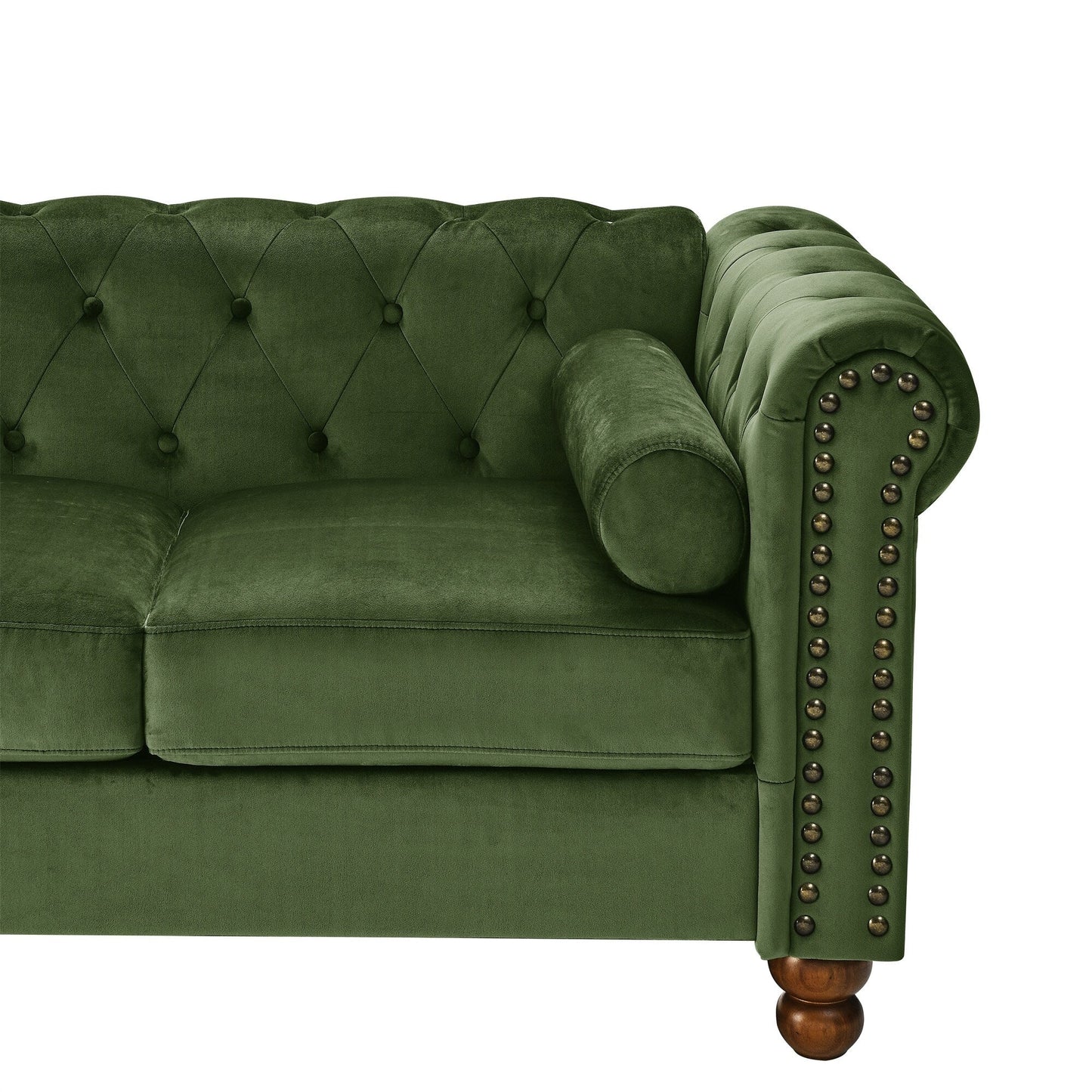 Canapé 3 places en velours 74,5 avec dossier capitonné, accoudoirs à volutes, pieds tournés et design classique