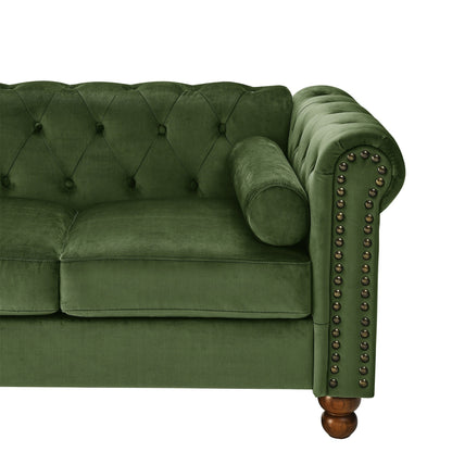 Canapé 3 places en velours 74,5 avec dossier capitonné, accoudoirs à volutes, pieds tournés et design classique