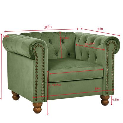 Canapé 3 places en velours de 74,5 pouces avec dossier capitonné, clous décoratifs et pieds tournés, mobilier de salon moderne