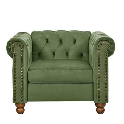 Canapé 3 places en velours de 74,5 pouces avec dossier capitonné, clous décoratifs et pieds tournés, mobilier de salon moderne