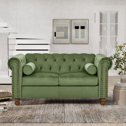 Canapé 3 places en velours de 74,5 pouces avec dossier capitonné, clous décoratifs et pieds tournés, mobilier de salon moderne