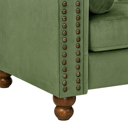 Canapé 3 places en velours de 74,5 pouces avec dossier capitonné, clous décoratifs et pieds tournés, mobilier de salon moderne