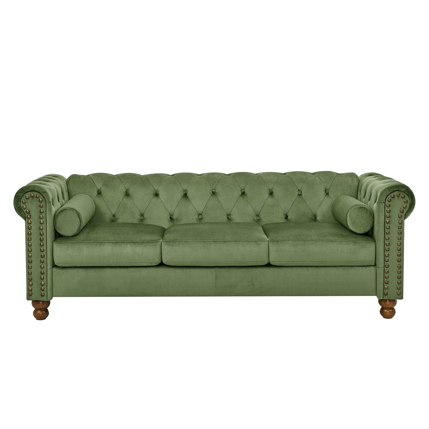 Canapé Chesterfield en velours de 74,5 pouces avec capitonnage à boutons, accoudoirs à volutes, pieds tournés et design élégant
