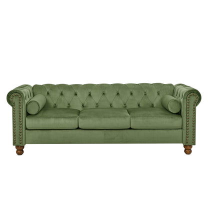 Canapé Chesterfield en velours de 74,5 pouces avec capitonnage à boutons, accoudoirs à volutes, pieds tournés et design élégant