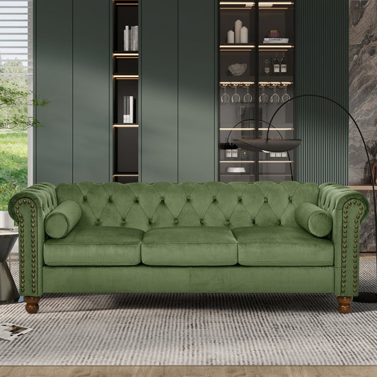 Canapé Chesterfield en velours de 74,5 pouces avec capitonnage à boutons, accoudoirs à volutes, pieds tournés et design élégant
