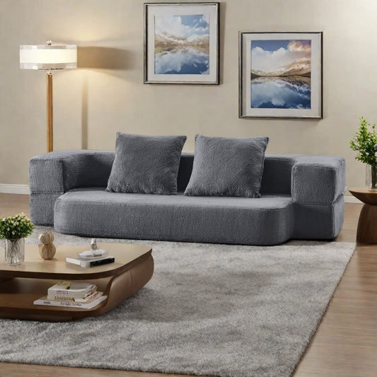 Canapé 3 places multifonctionnel 3 en 1 en fausse fourrure 74,81 po – Transformable en lit et matelas avec éponge à mémoire de forme haute densité
