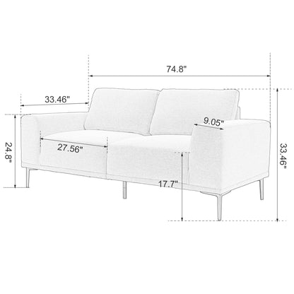 Canapé causeuse en tissu de 74,8 po avec coussins amovibles, pieds en métal et accoudoirs carrés contemporains
