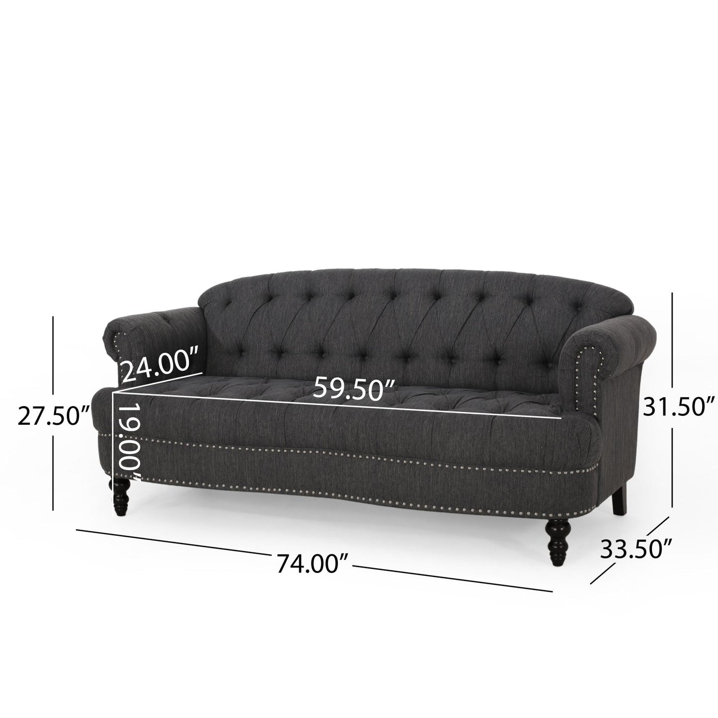 Canapé 3 places en tissu de 74 pouces avec détails rivetés, revêtement en tissu durable et sièges spacieux pour le salon