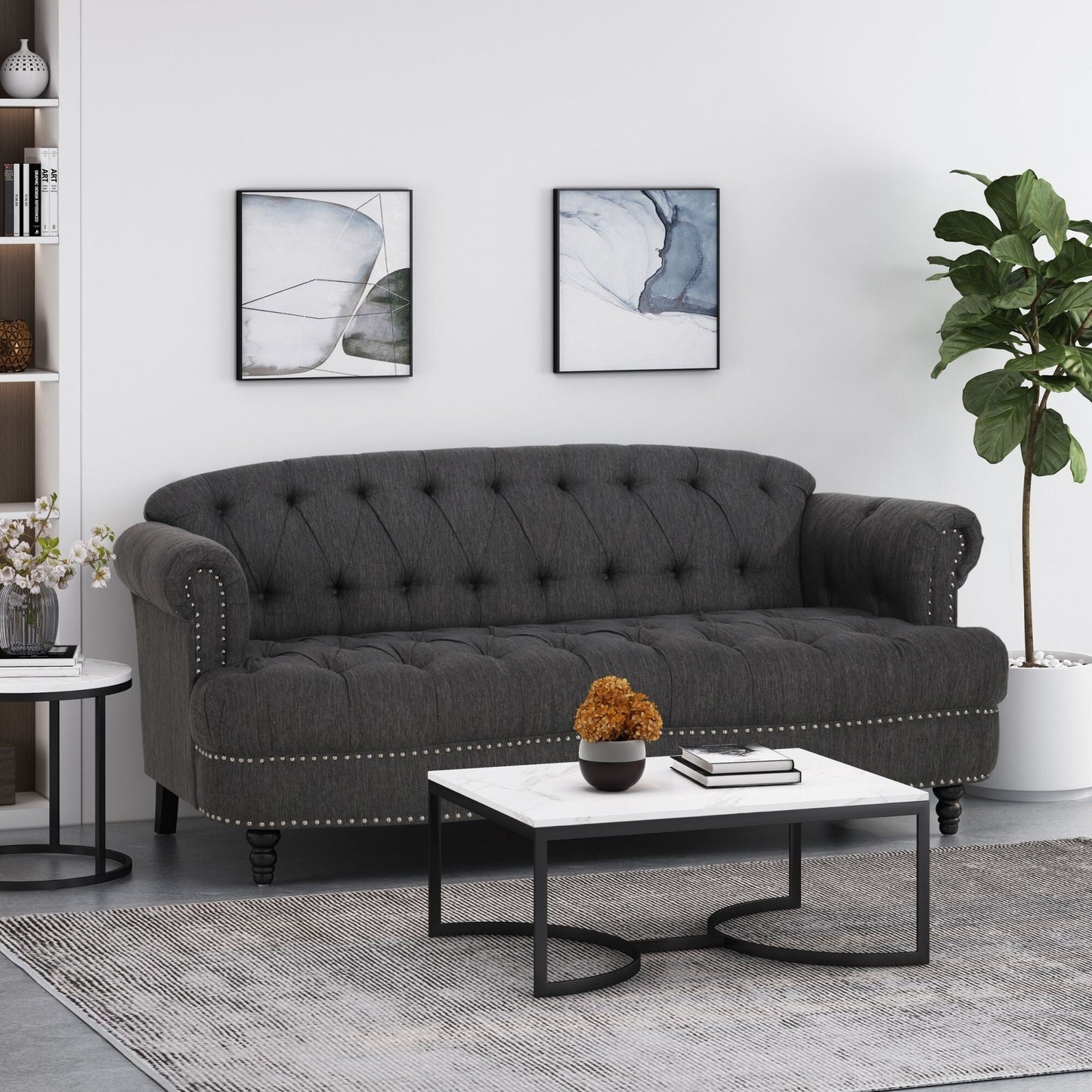 Canapé 3 places en tissu de 74 pouces avec détails rivetés, revêtement en tissu durable et sièges spacieux pour le salon