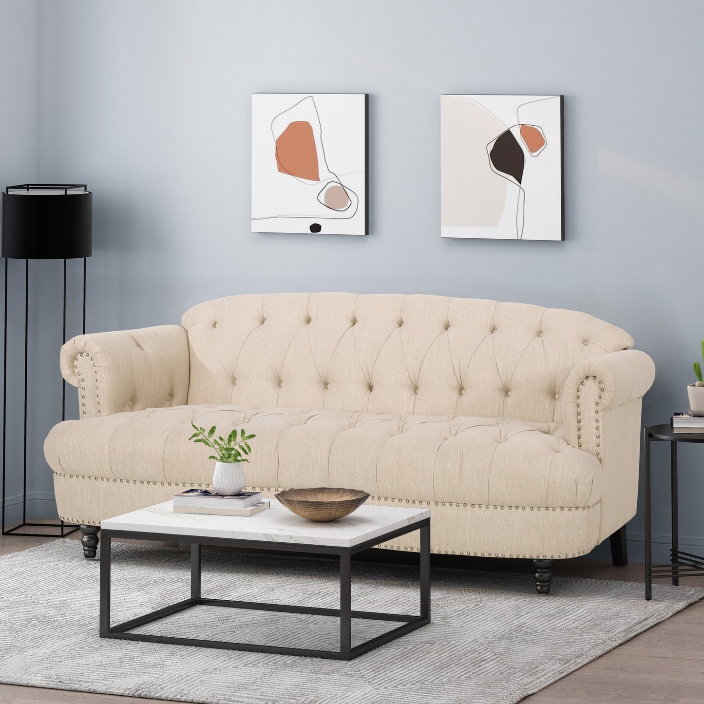 Canapé 3 places en tissu de 74 pouces avec détails rivetés, revêtement en tissu durable et sièges spacieux pour le salon
